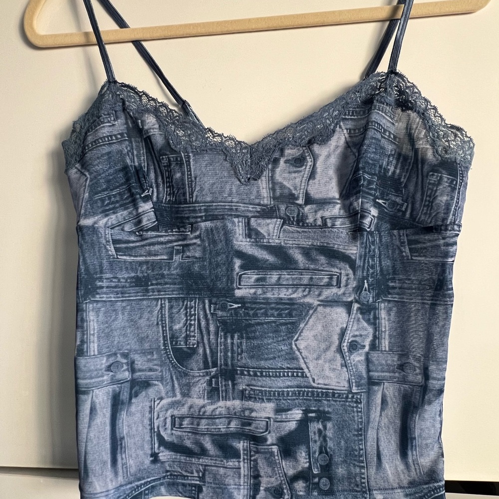 Y2k mesh Denim Print Top